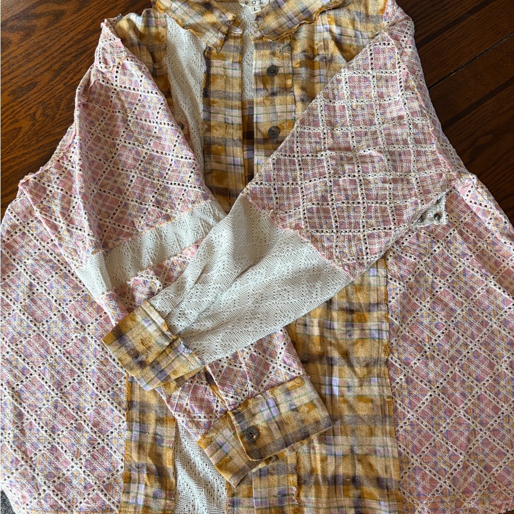 POL Patchwork Flannel Button-Up Shirt in Yellow a… - image 3